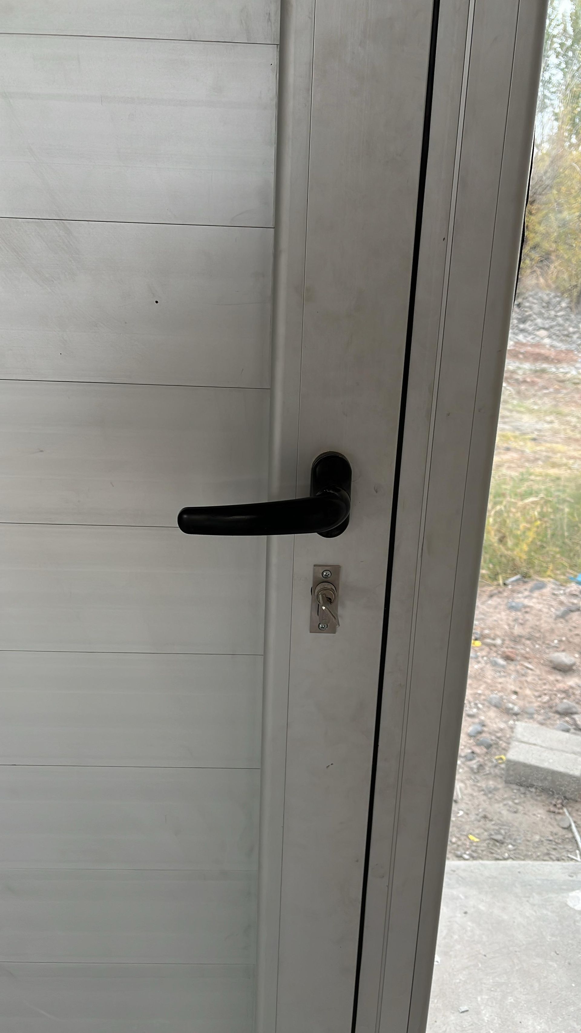 Black door handle on a white interior door, with a view of outdoors through the glass panel.