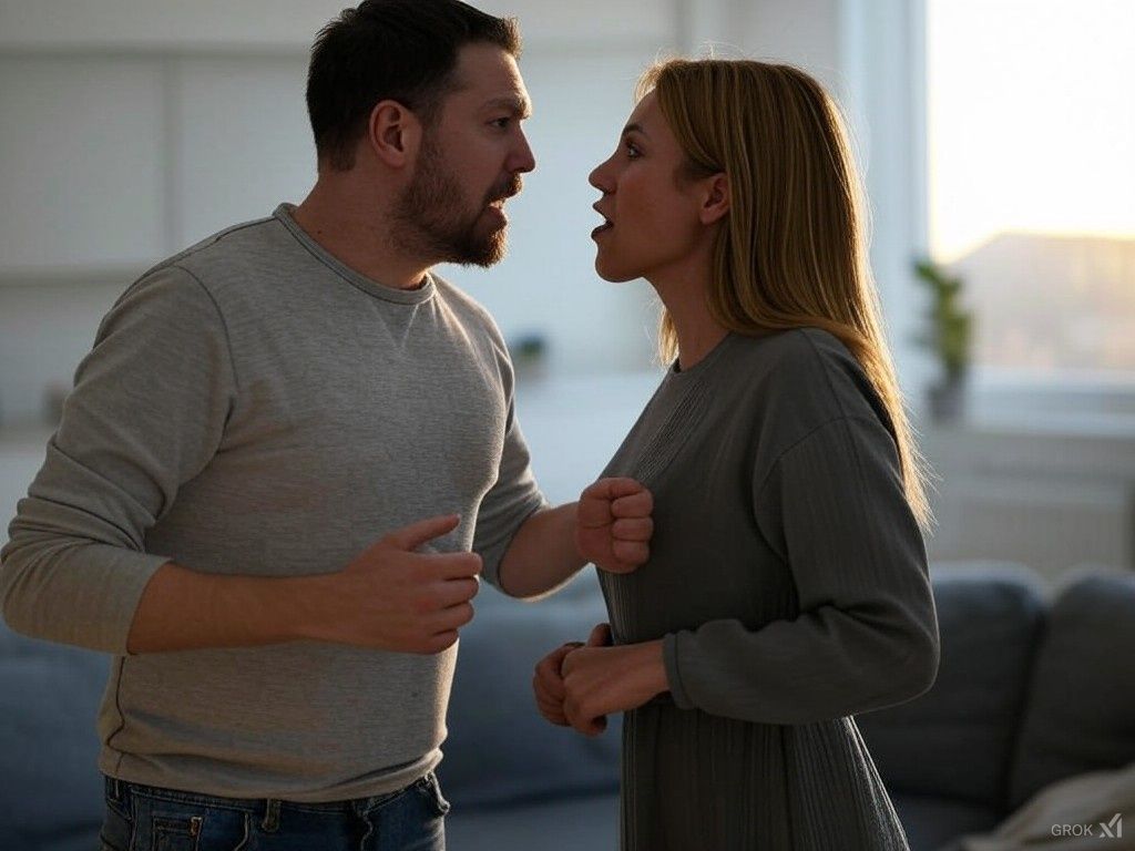 A man and a woman are having an argument in a living room.