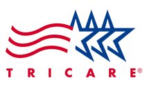 A red , white and blue logo for a company called tricare