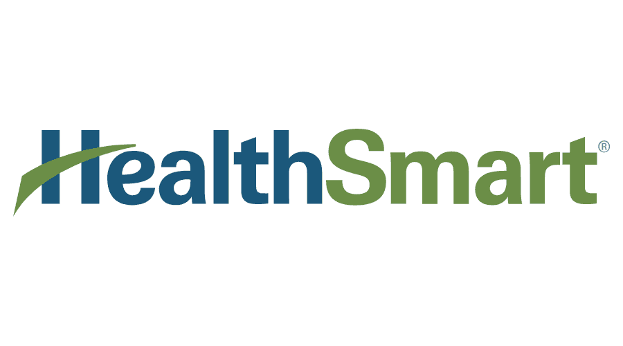 The health smart logo is green and blue and has a leaf on it.