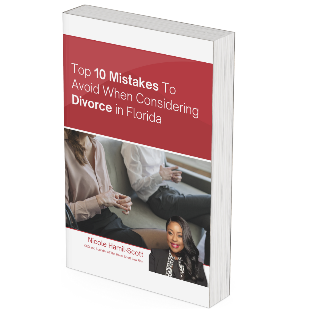 Book cover titled “Top 10 Mistakes to Avoid When Considering Divorce in Florida” with a couple and lawyer photo.