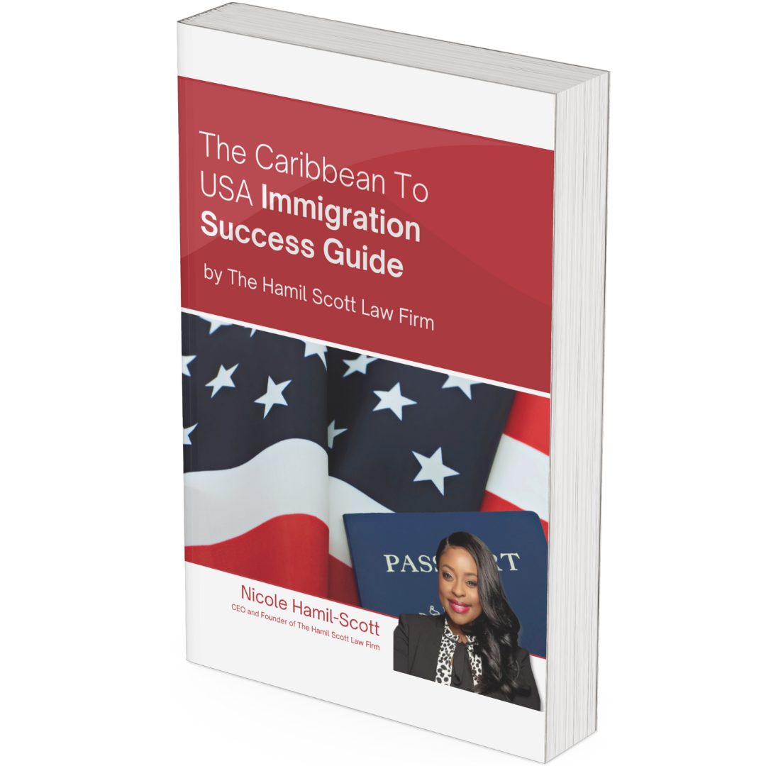 Book cover for “The Caribbean To USA Immigration Success Guide” with a U.S. flag and passport graphic