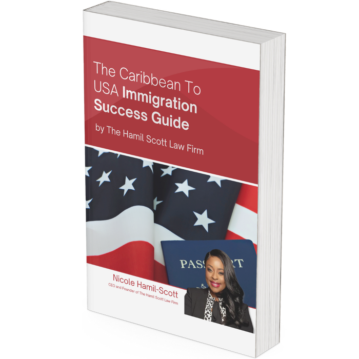 Book cover for “The Caribbean to USA Immigration Success Guide” with U.S. flag and passport photo inset