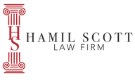 Hamil Scott Law Firm logo with red column emblem and black text on white background