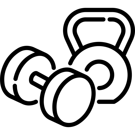 A black and white drawing of a kettlebell and dumbbells.