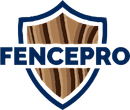 FENCEPRO logo with navy shield and brown wood texture behind bold blue text