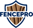FENCEPRO logo with navy shield and brown wood texture behind bold blue text