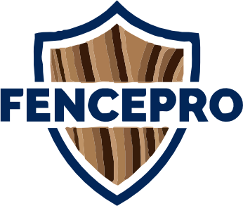 FENCEPRO logo with navy shield and brown wood texture behind bold blue text