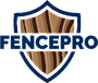 FENCEPRO logo with navy shield and brown wood texture behind bold blue text