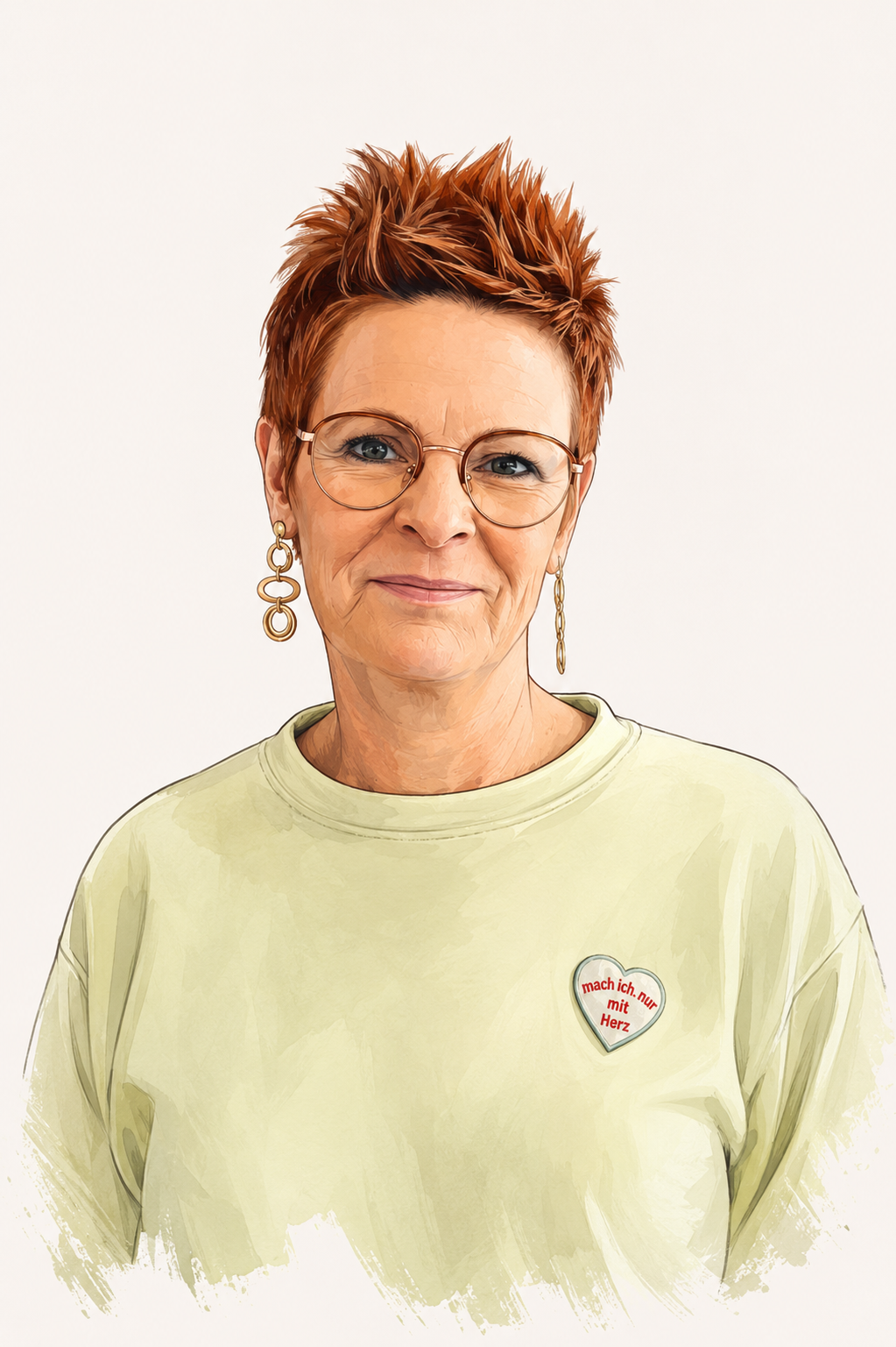 Porträt von Martina, Friseurin bei Gehners Friseure in Bielefeld-Heepen, mit kurzen roten Haaren und Brille