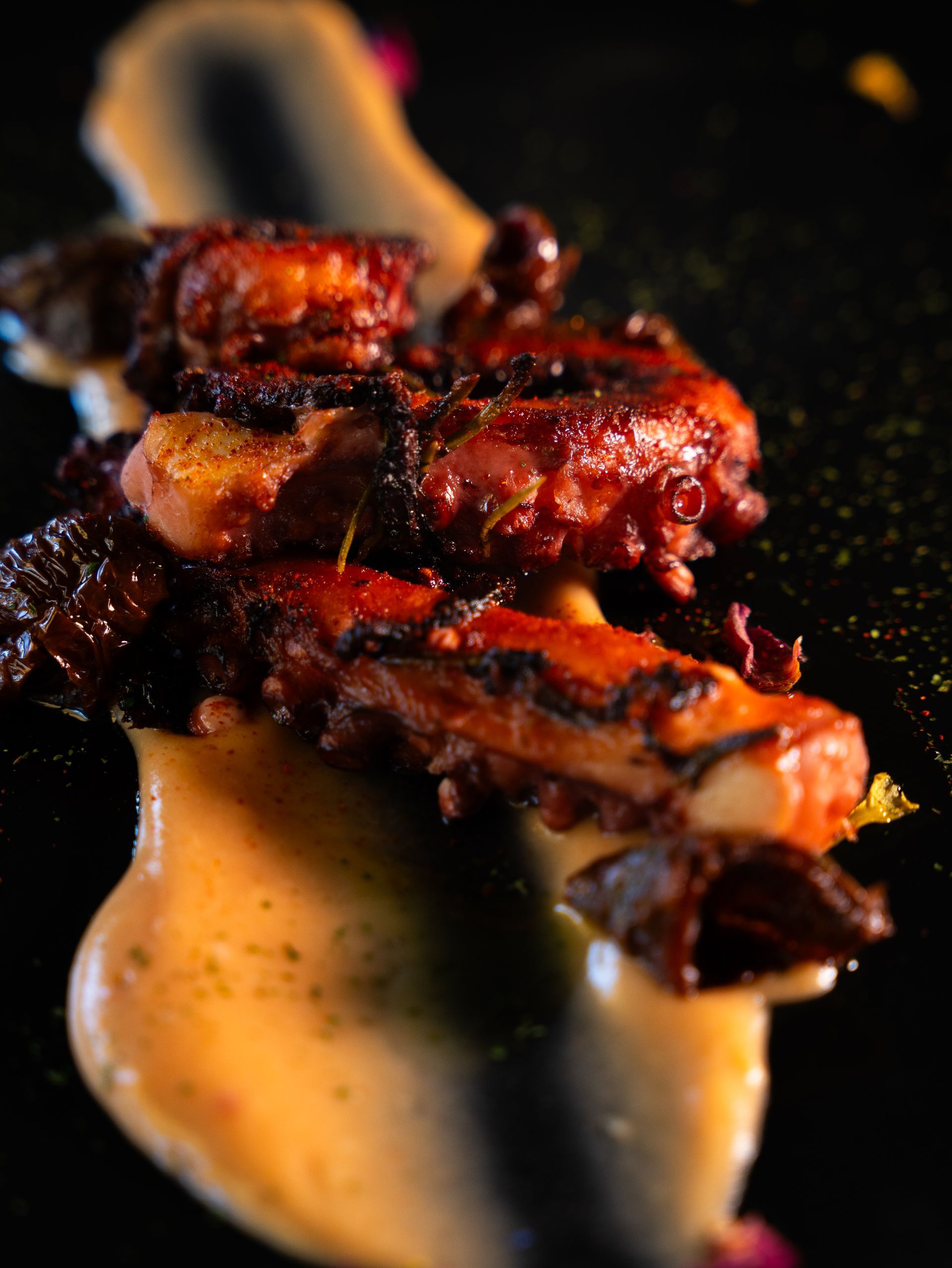 Polpo alla griglia su salsa cremosa, piatto scuro. Polpo rosso-marrone, salsa arancione, sfondo nero.