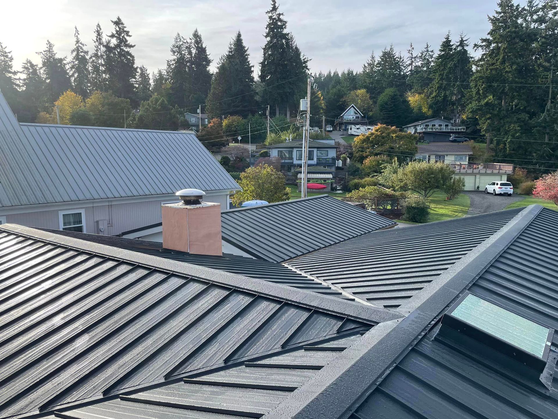 Rooftop with gray metal panels and skylight, overlooking trees and distant houses under a clear sky