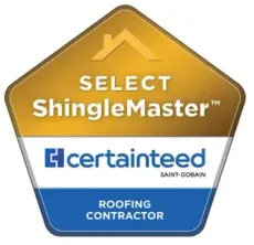 Select ShingleMaster CertainTeed roofing contractor badge in gold, white, and blue