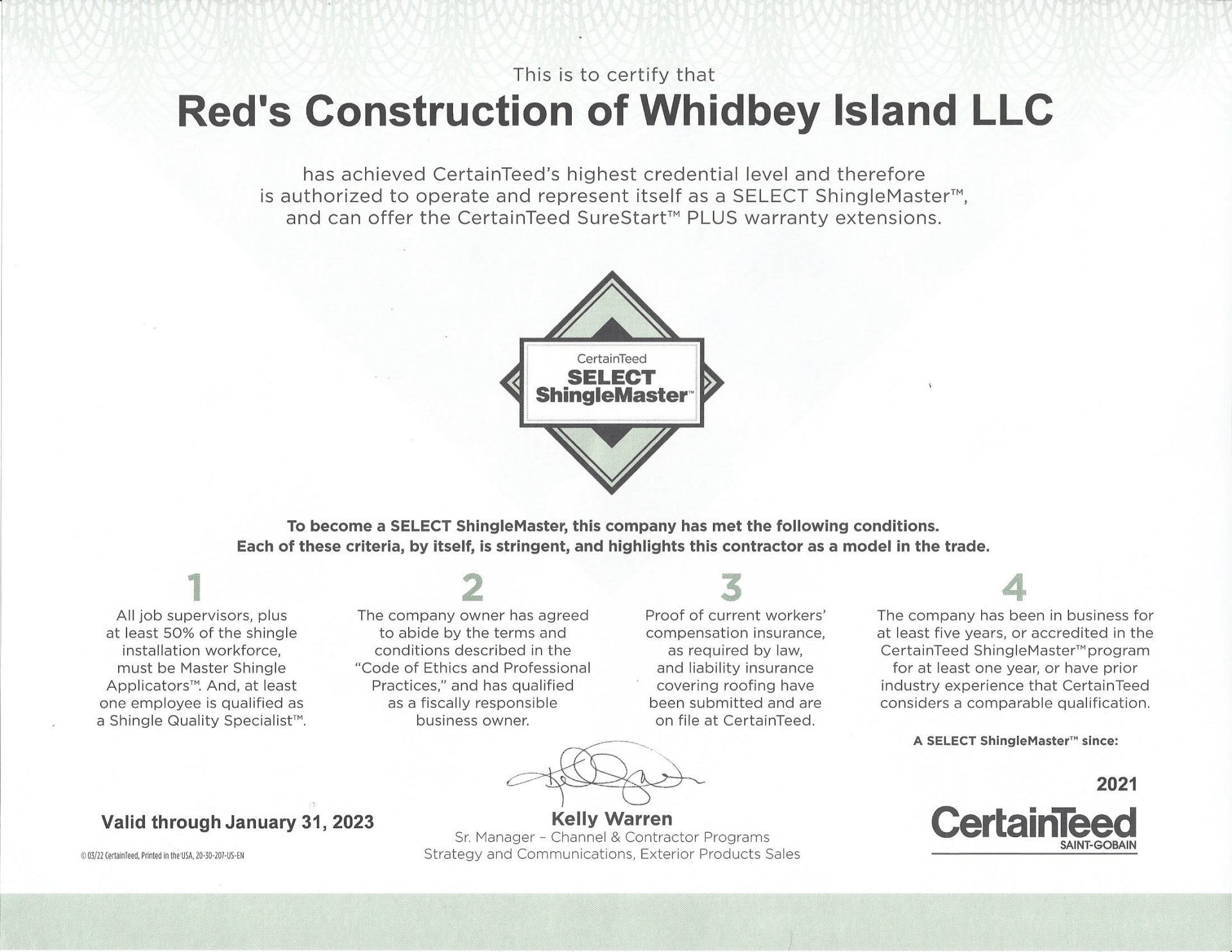 Red’s Construction of Whidbey Island LLC contractor certificate with CertainTeed logo and steps for siding installation
