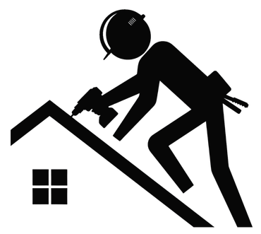 Black silhouette of a person using tools on a roof, with a small window below.