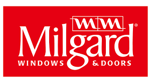 Milgard Windows & Doors logo on a red background, with white text and stylized window icon