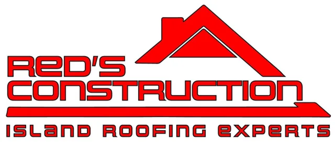 Red’s Construction logo with red roof icon and text “Island Roofing Experts”