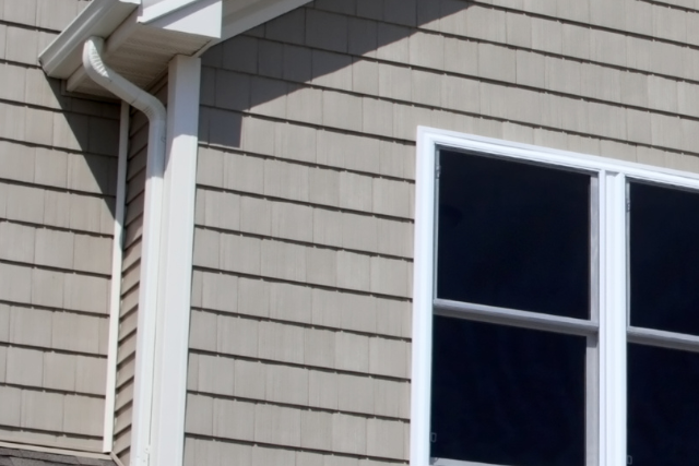 House exterior with beige siding, white trim, and a window beside the roof gutter