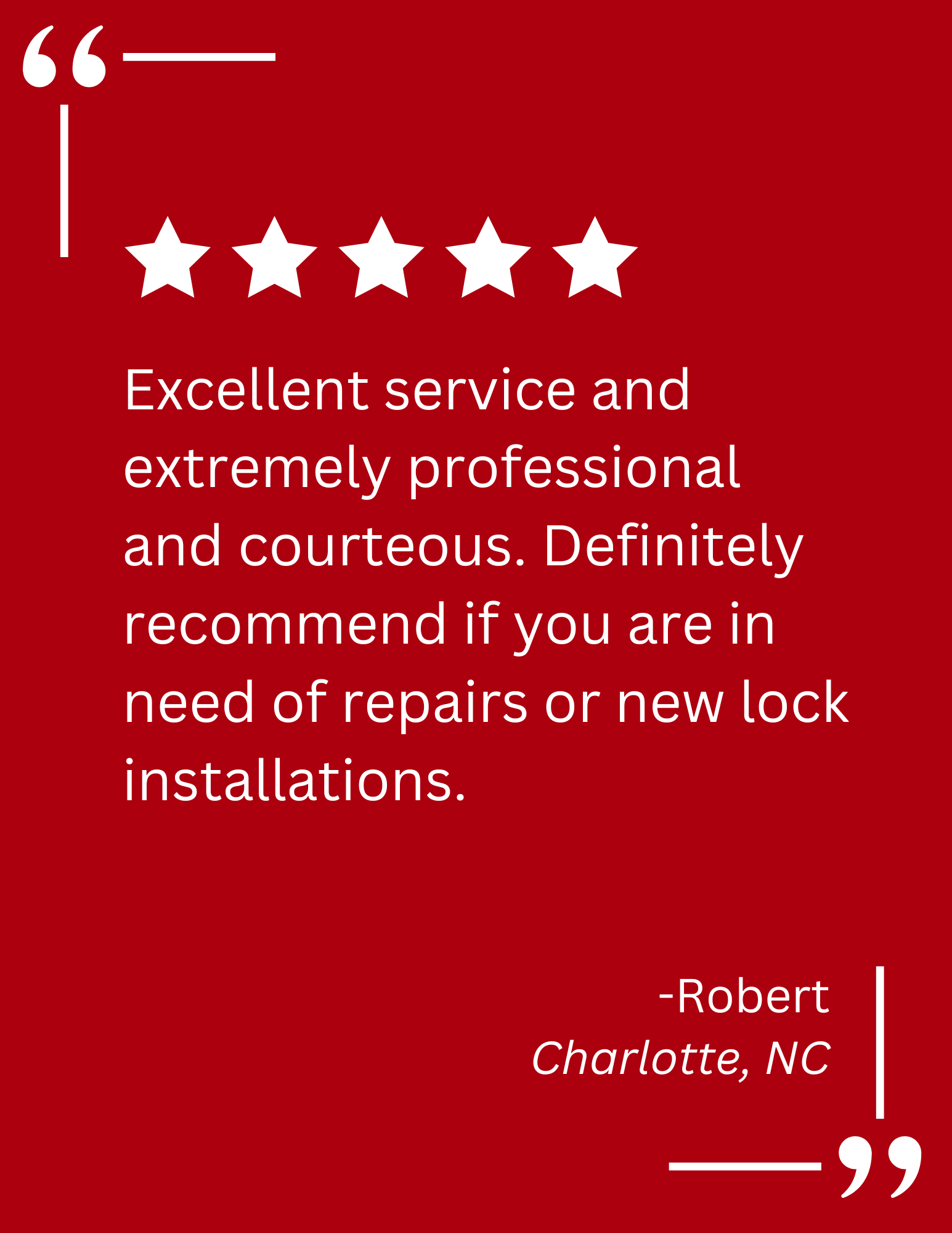 A client testimonial about new lock installations by A Devine Lock & Key in Charlotte, NC