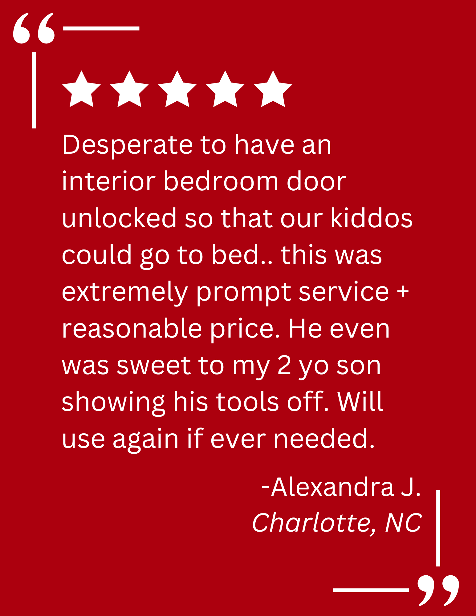 A client testimonial about residential locksmith services by A Devine Lock & Key in Charlotte, NC