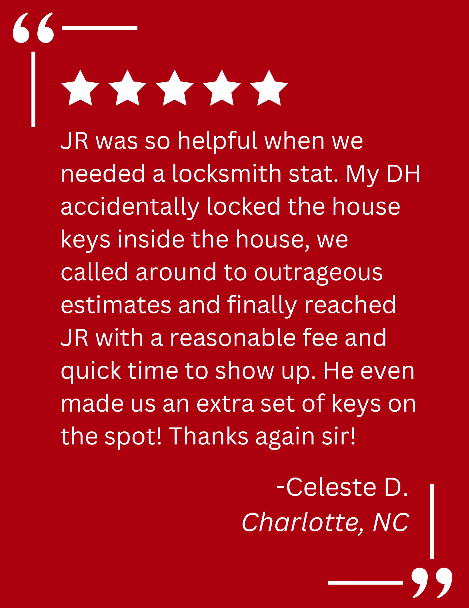 A client testimonial about key replacement services by A Devine Lock & Key in Charlotte, NC