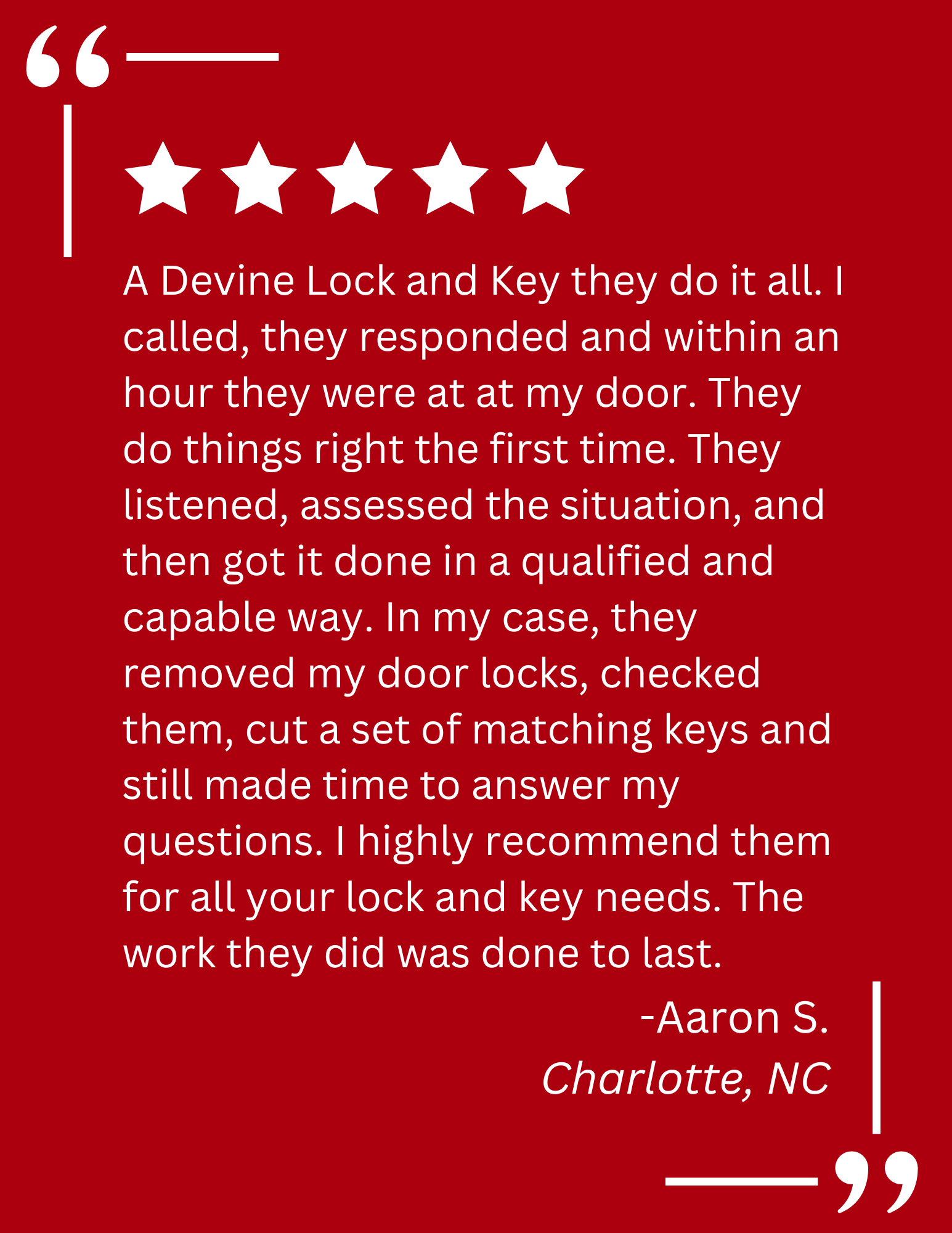 A client testimonial about keyless entry services by A Devine Lock & Key in Charlotte, NC