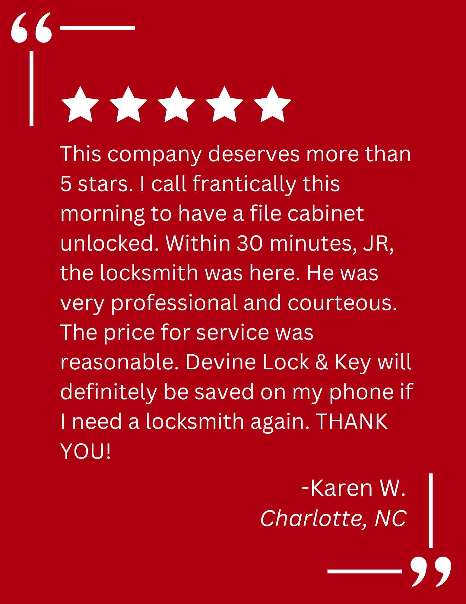 A client testimonial about file cabinet locksmith services by A Devine Lock & Key in Charlotte, NC