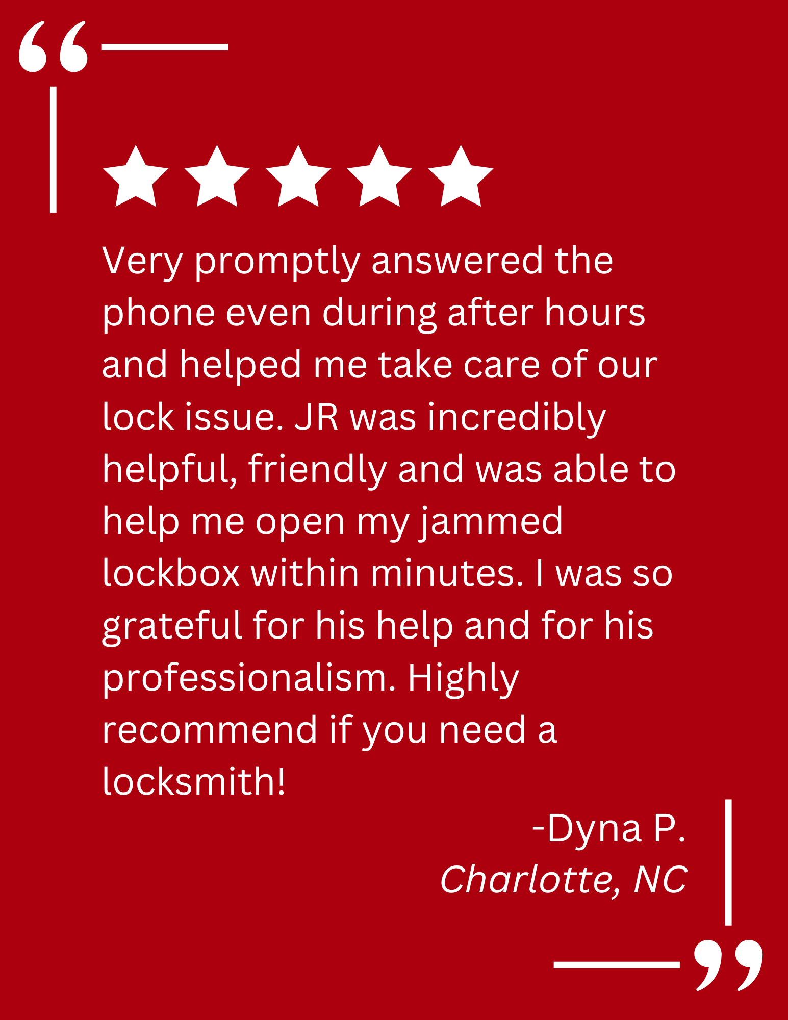 A client testimonial about locksmith services by A Devine Lock & Key in Charlotte, NC