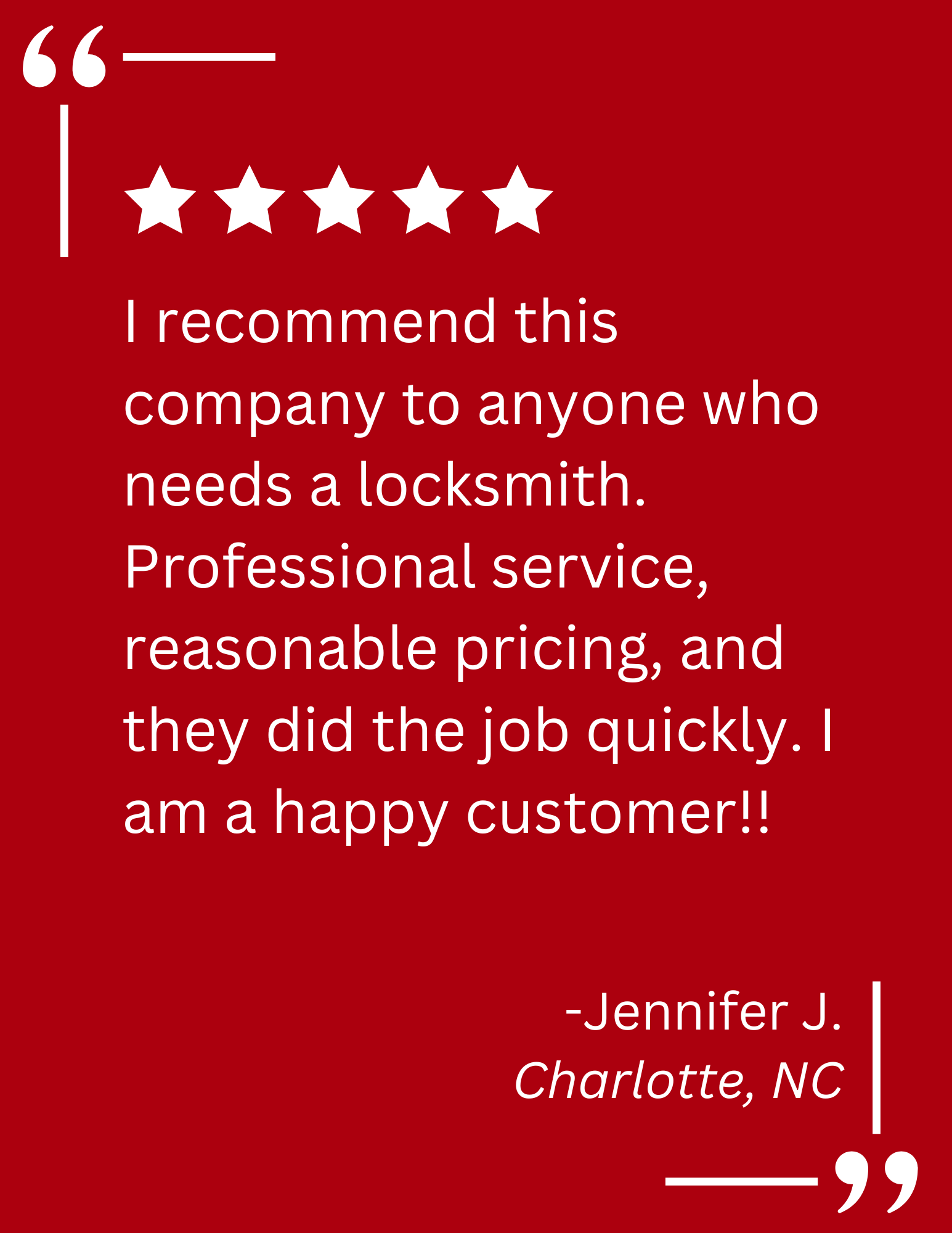 A client testimonial about locksmith services by A Devine Lock & Key in Charlotte, NC