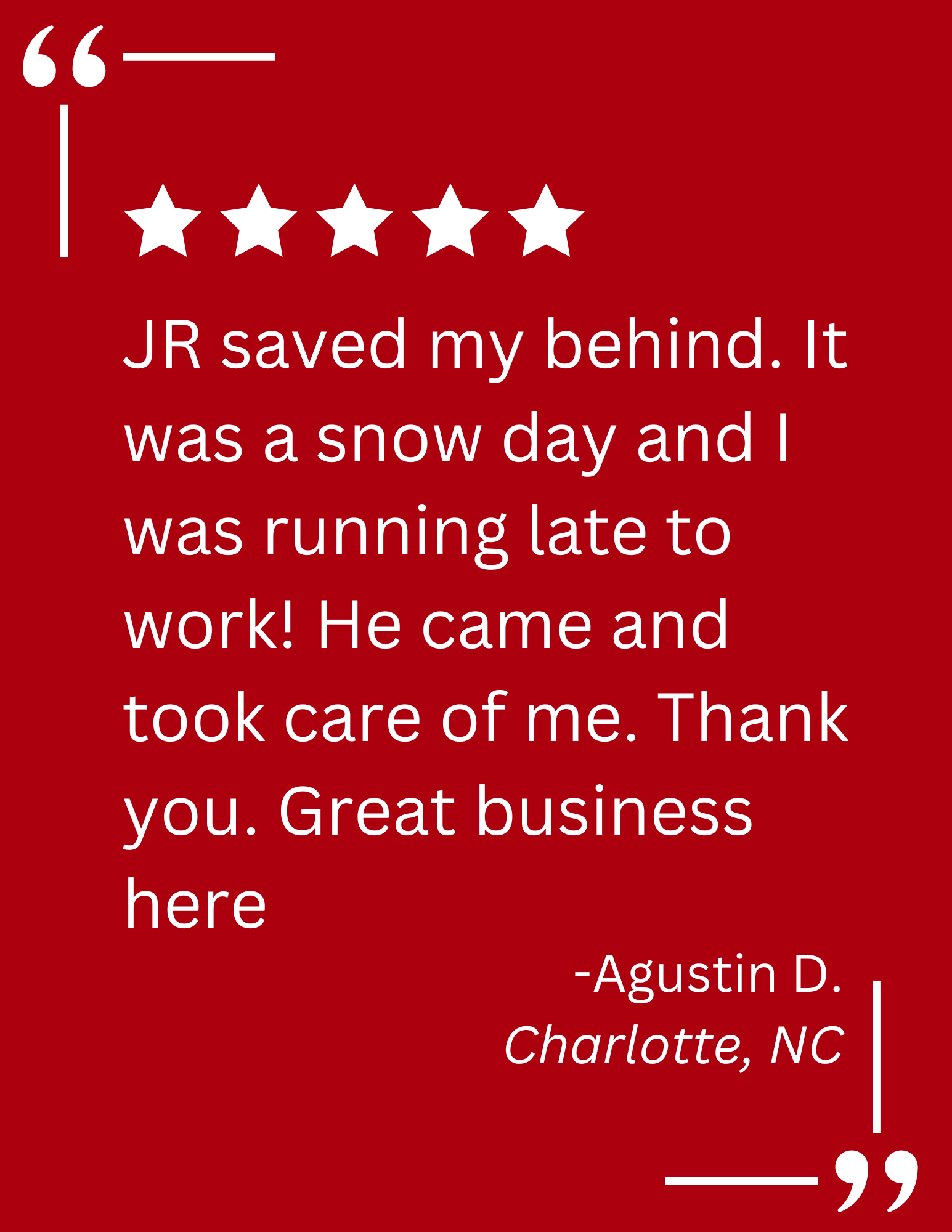 A client testimonial about locksmith services by A Devine Lock & Key in Charlotte, NC
