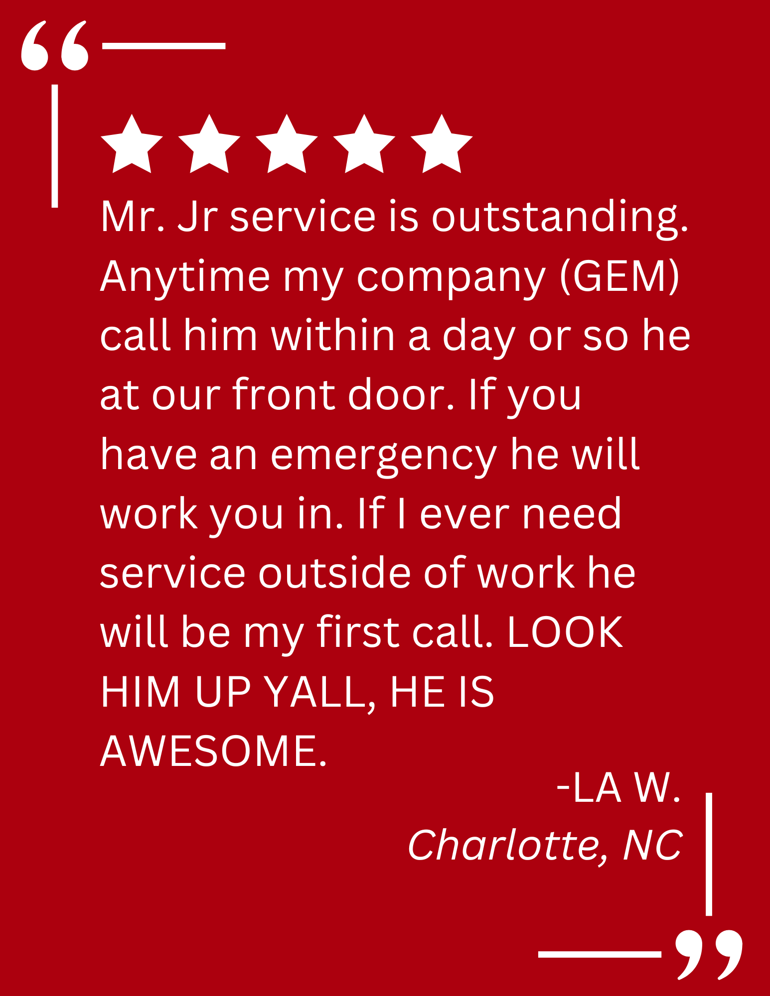 A client testimonial about emergency locksmith services by A Devine Lock & Key in Charlotte, NC