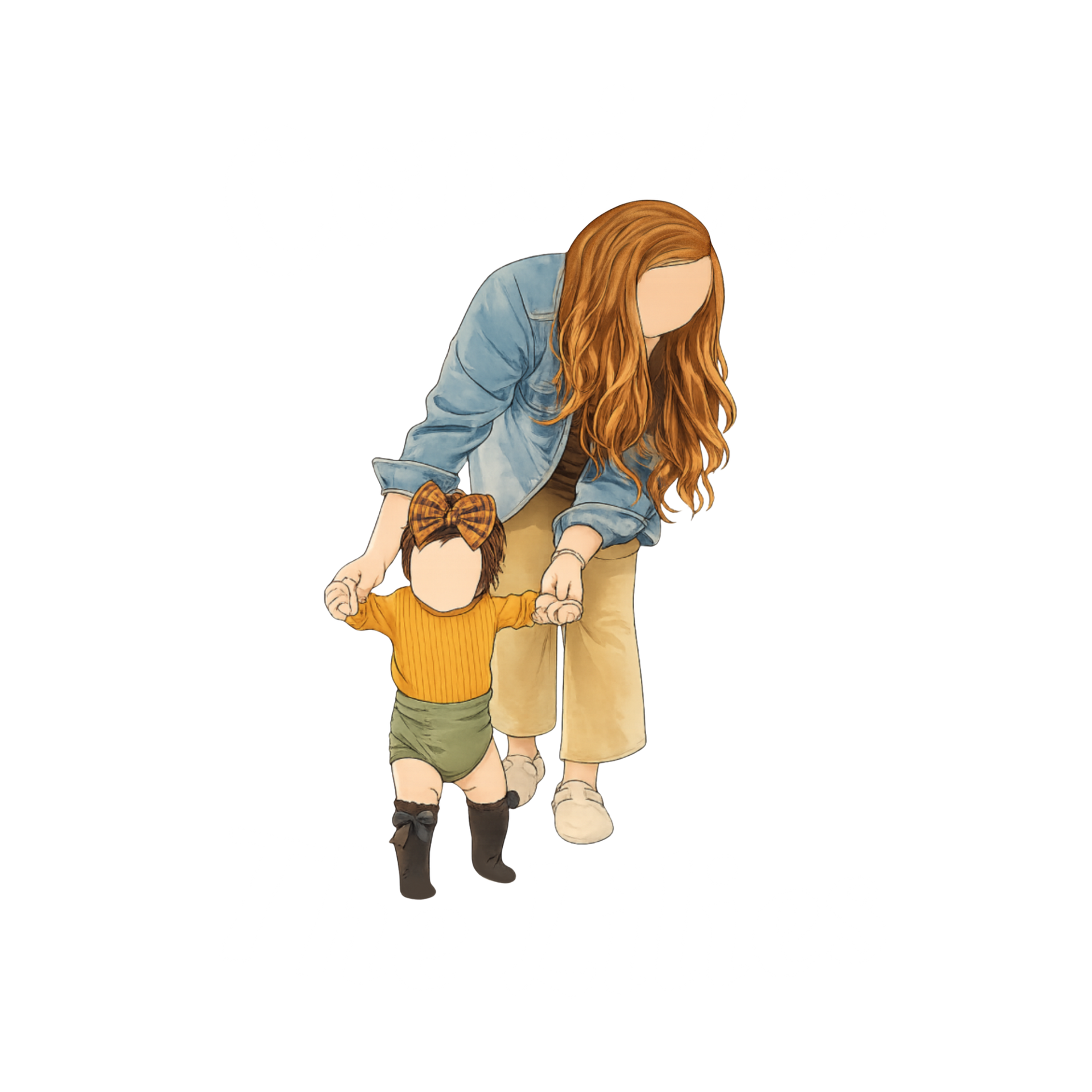 Adult helping toddler walk, both viewed from above on a white background