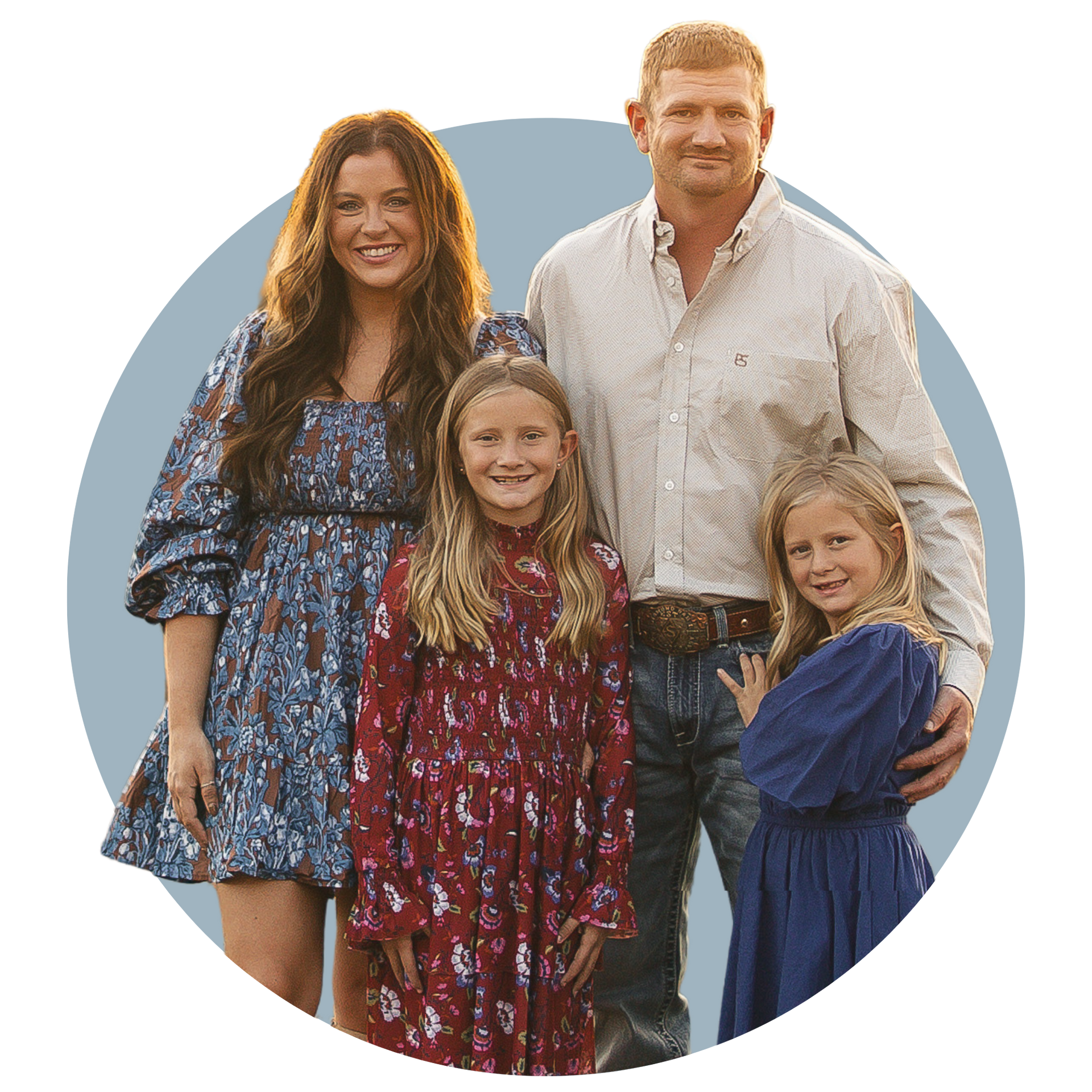 Family of four posing together against a light blue circular background.