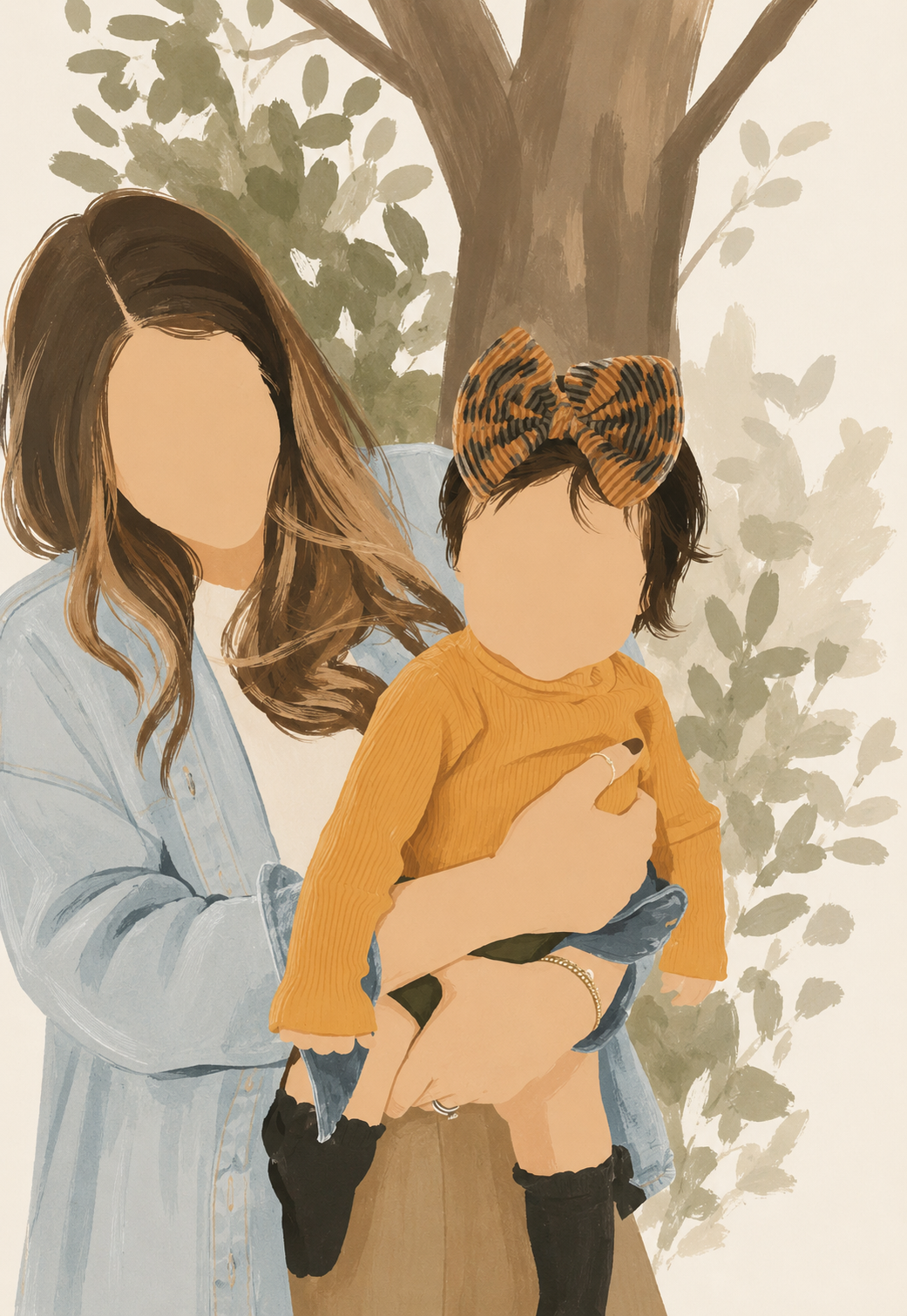 Two people standing outdoors by a tree, one holding a child in a mustard sweater.