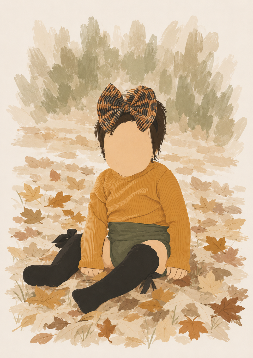 Child sitting among autumn leaves, wearing a mustard sweater and bow headband, with a black cat beside them
