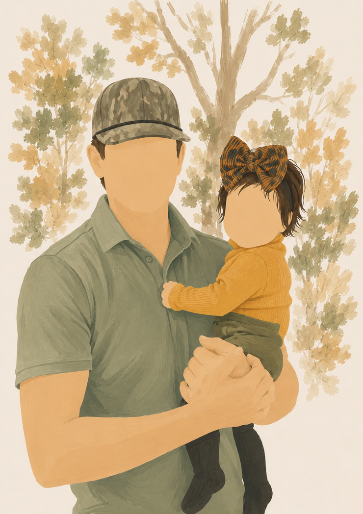 Adult holding a small child outdoors among trees, both in muted green and mustard clothing.