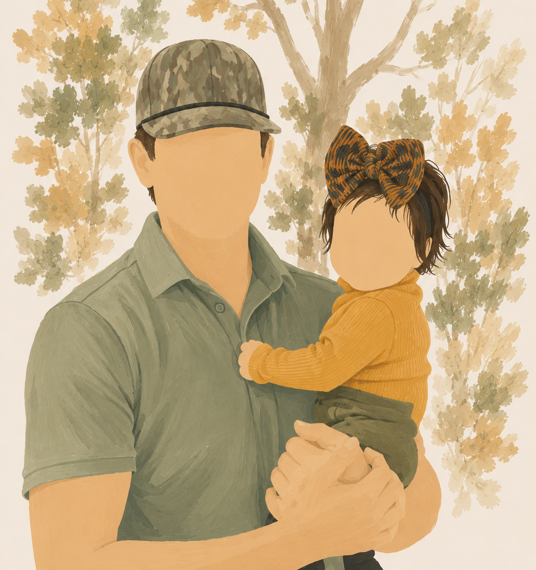 Person in green shirt holding a child in mustard sweater, with camo cap, against a leafy background