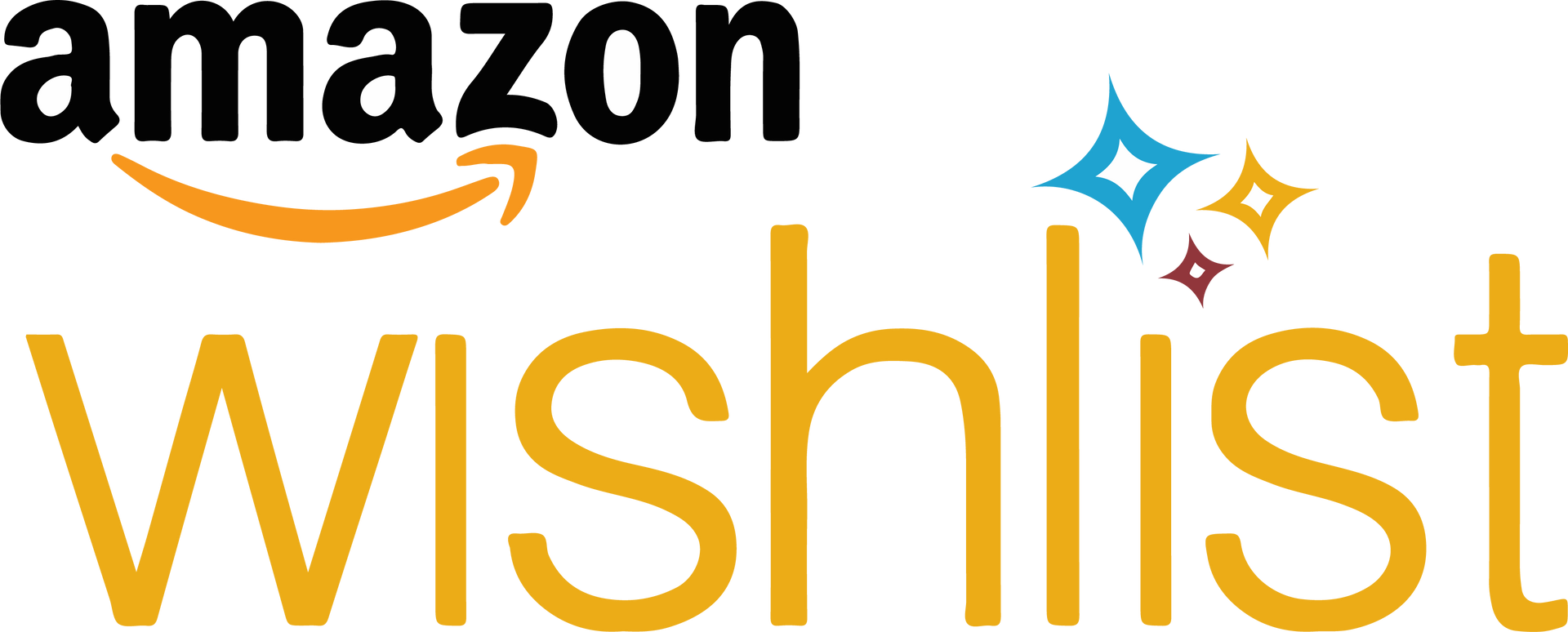 Amazon Wish List logo with black “amazon” text and orange “wishlist” text, plus sparkles and smile arrow
