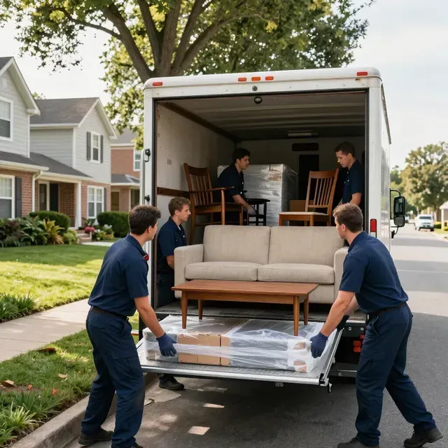 Movers unloading a beige sofa from a white truck in a suburban neighborhood