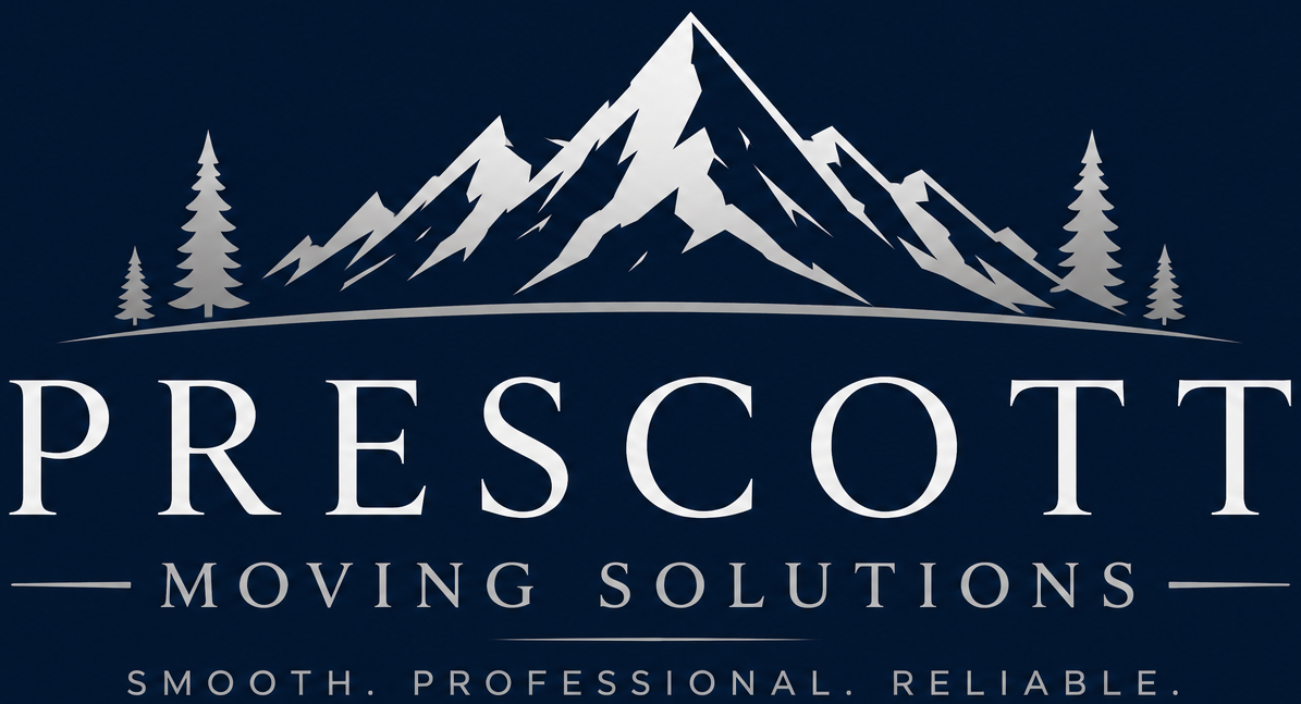 Prescott Moving Solutions logo with mountain and pine tree graphic on a dark blue background
