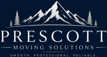 Prescott Moving Solutions logo with mountain and pine tree graphic on a dark blue background