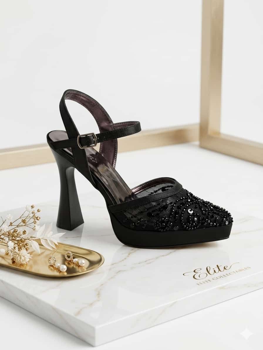 Black Glitter Slingback Heel With Gold-beaded Flat Sandal on White Display Pedestal — Nur's Collection In Rockdale, NSW