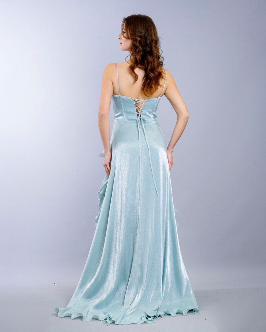 Back View of a Woman in a Light Blue Satin Gown With Laced Back — Nur's Collection In Rockdale, NSW