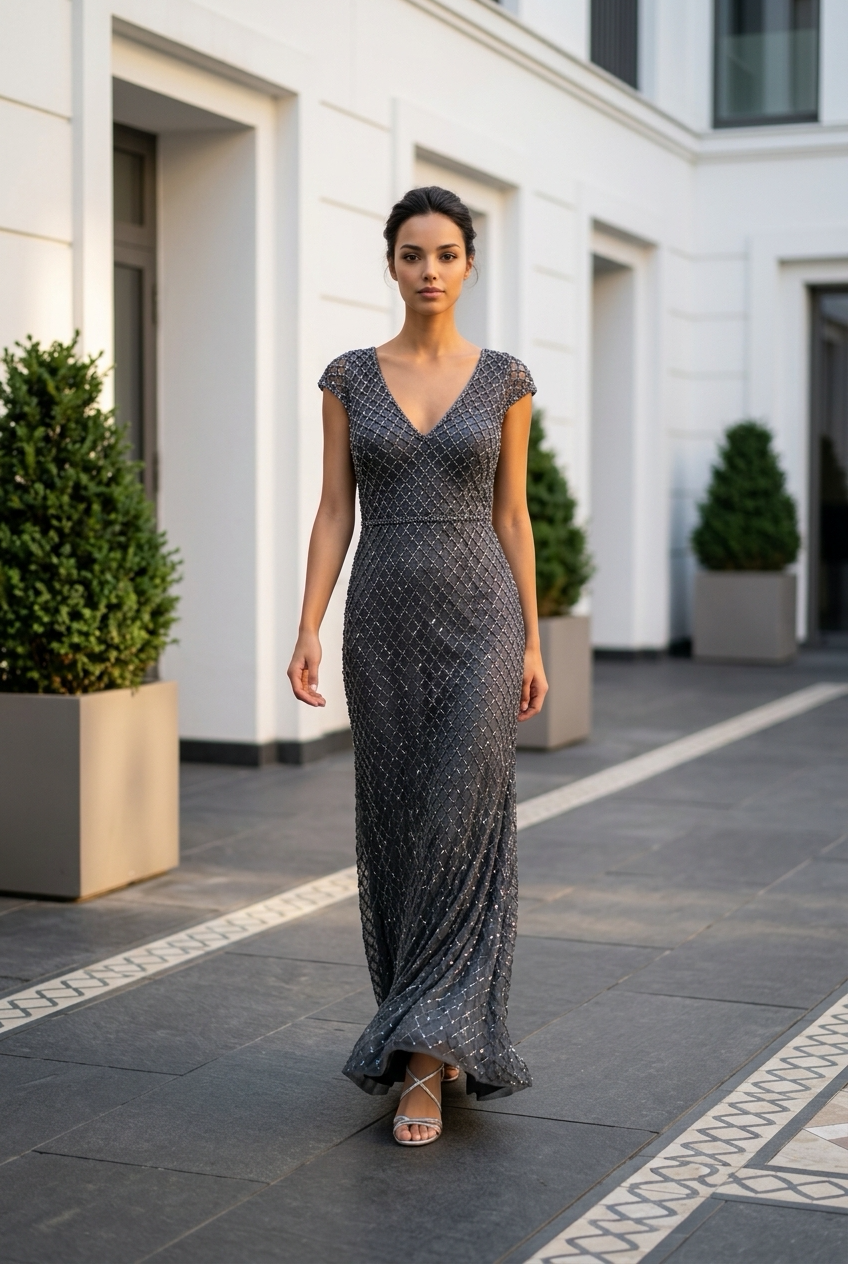 Woman in a Sparkling Dark Gown Walking Along a White Building Exterior โ Nur's Collection In Rockdale, NSW