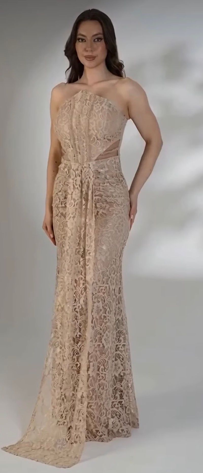Woman in a Nude Lace Strapless Gown With a Long Train — Nur's Collection In Rockdale, NSW