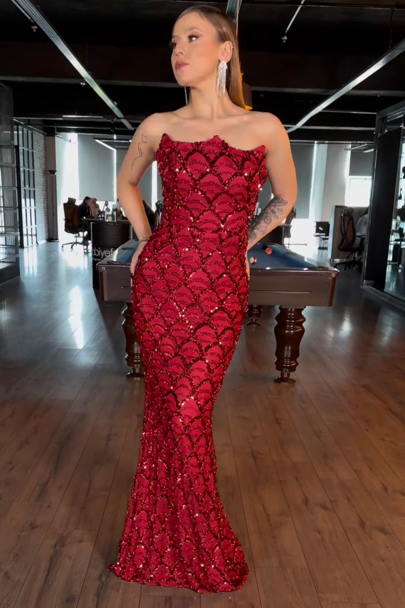 Woman in a Red Sequined Strapless Gown Standing in a Room โ Nur's Collection In Rockdale, NSW