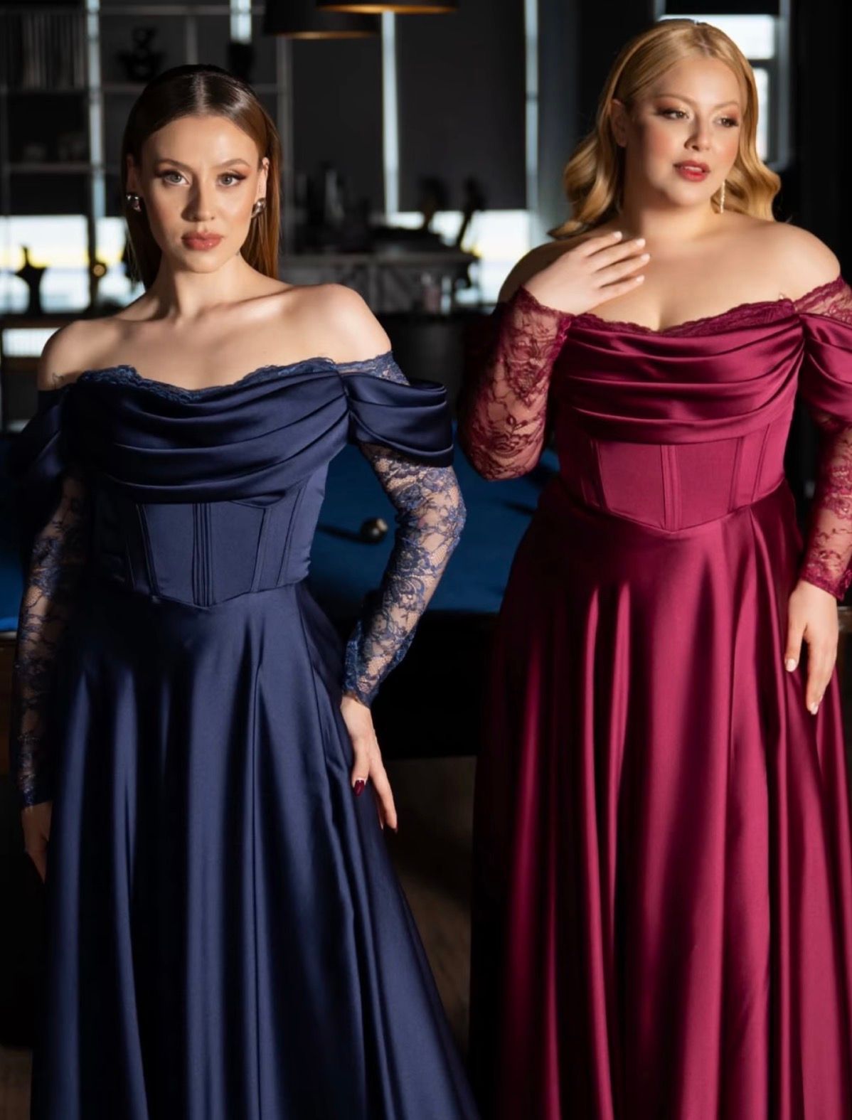 Two Women in Elegant Off-shoulder Evening Gowns, One Navy and One Burgundy — Nur's Collection In Rockdale, NSW