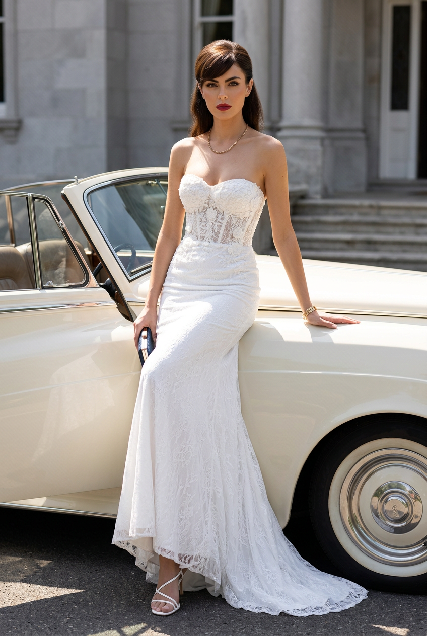 Woman in a White Dress Leaning Against a Vintage Cream Car Outside a Stone Building — Nur's Collection In Rockdale, NSW