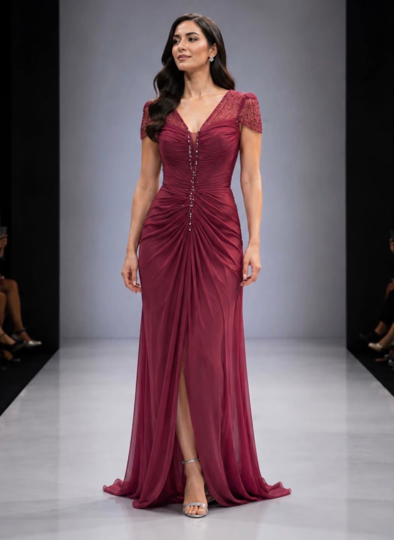 Woman in a Burgundy Ruched Evening Gown Walking on a Runway — Nur's Collection In Rockdale, NSW