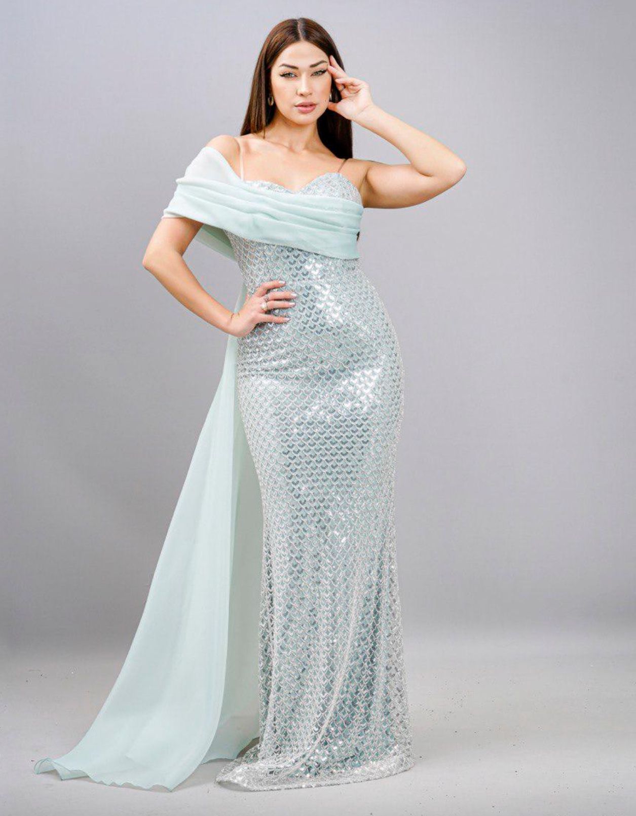 Woman in a Sparkling Mint Off-shoulder Gown With a Long Train โ Nur's Collection In Rockdale, NSW
